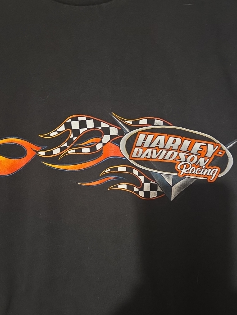 Harley-Davidson Black Tee with Orange Flame & Checkered Racing Logo